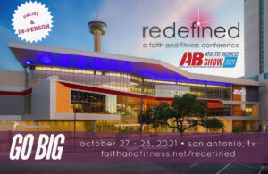 Image of the conference building with advertising text overlaying it.